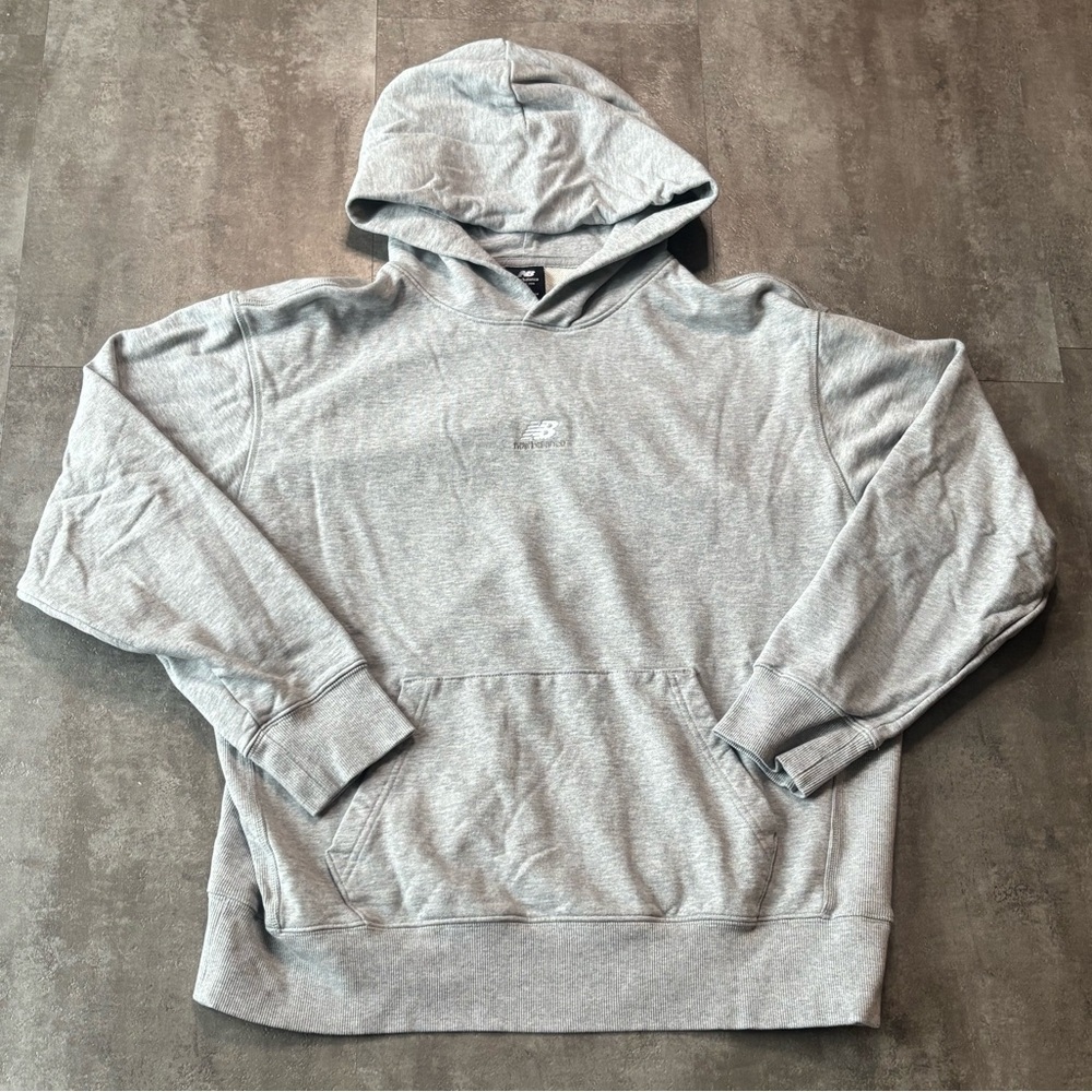 New Balance Centre Logo Hoodie Mens Large Gray French Terry